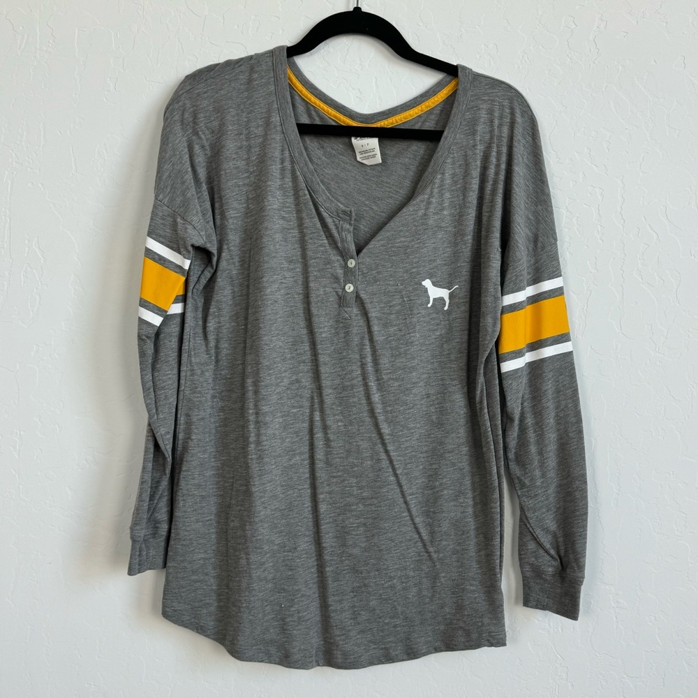 PINK Grey Button V Neck Long Sleeve Tee with Yellow Striped Sleeves